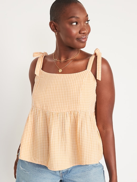 Tie-Shoulder Smocked Gingham Cami Babydoll Swing Blouse | Old Navy