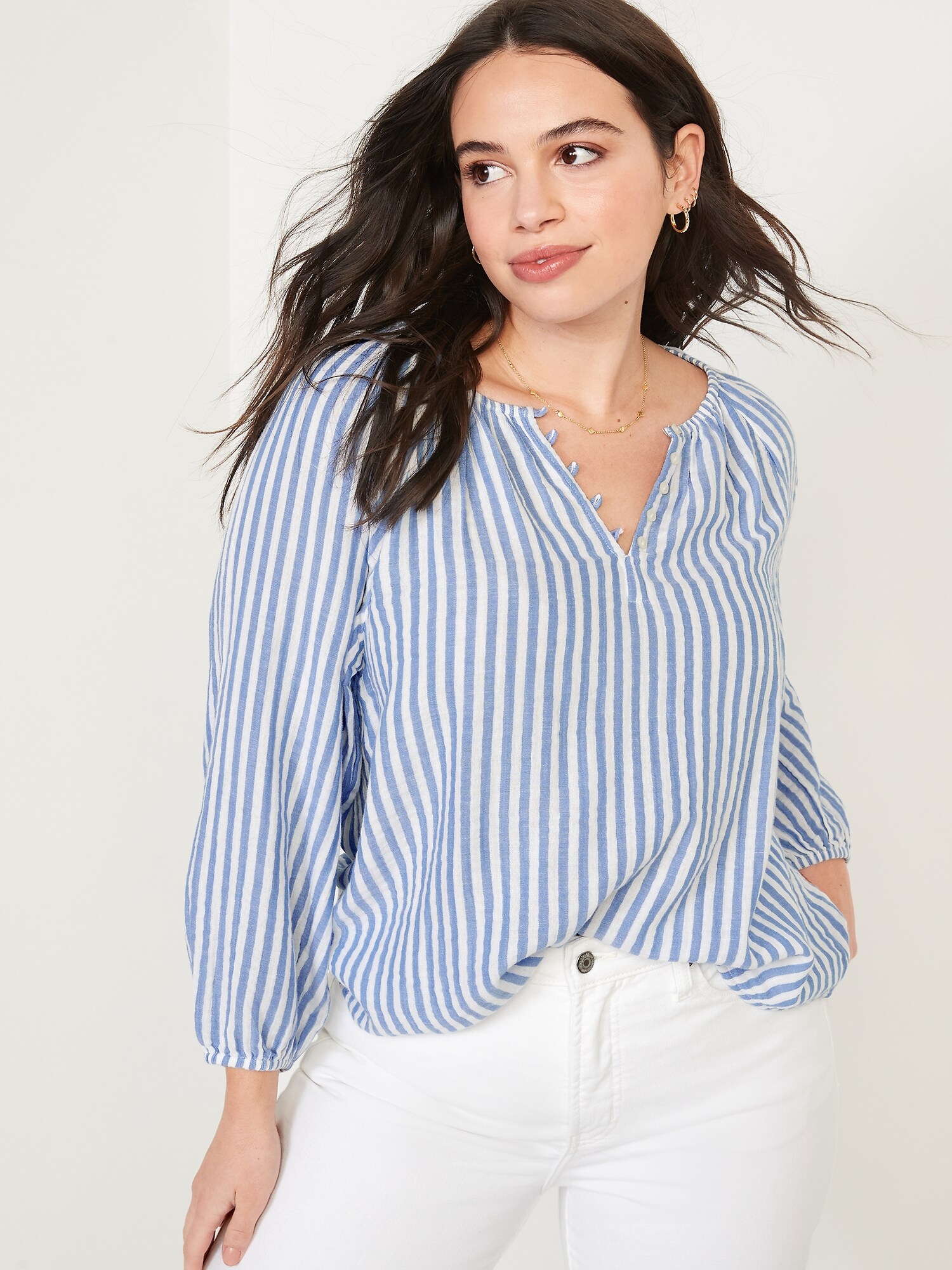 Long-Sleeve Split-Neck Printed Poet Blouse for Women | Old Navy