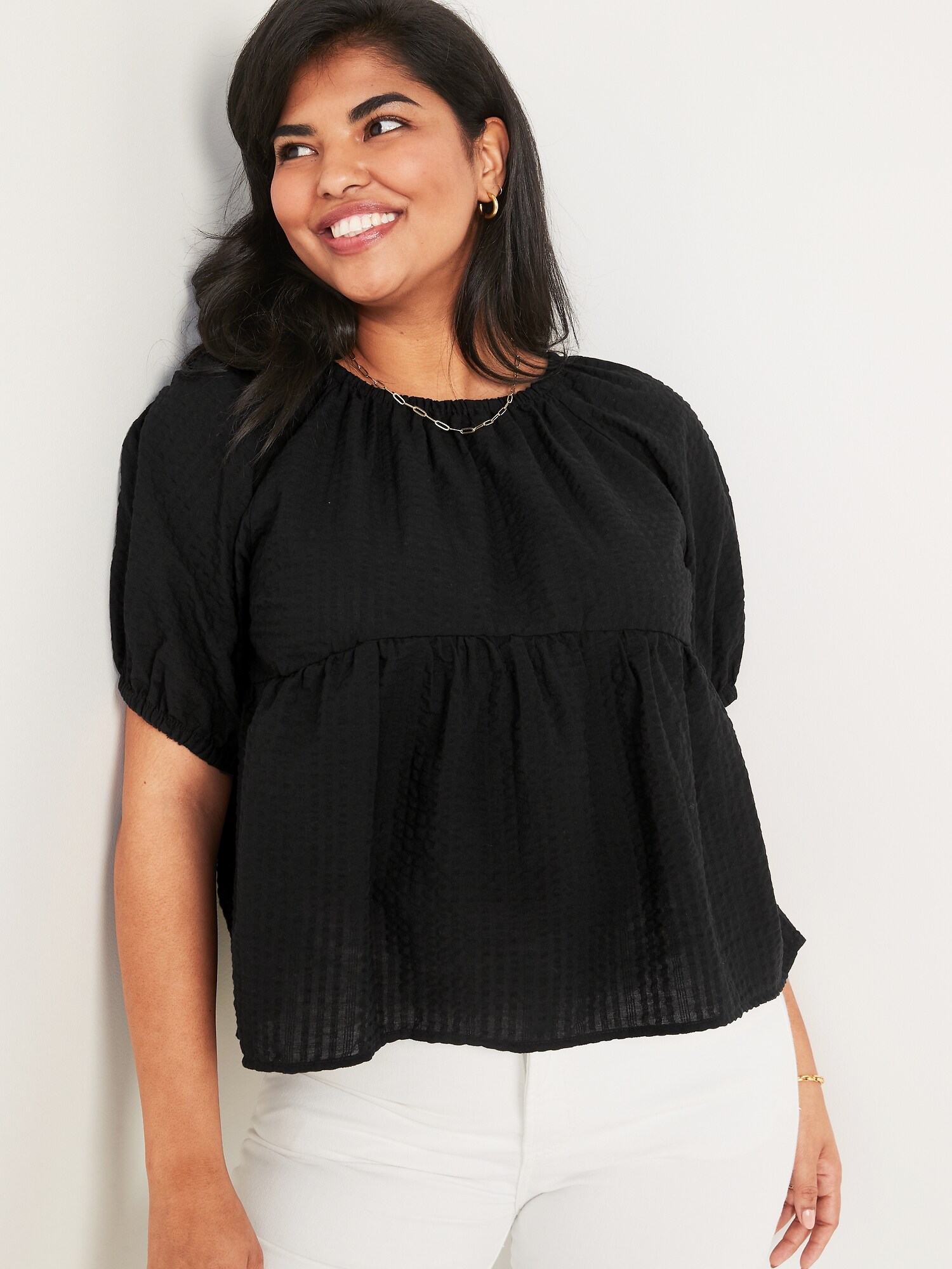 Puff-Sleeve Seersucker Babydoll Swing Blouse for Women | Old Navy