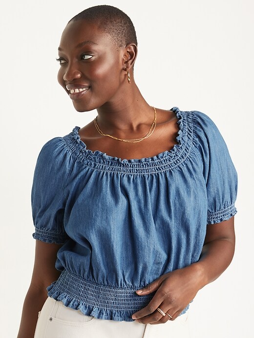 Image number 5 showing, Scoop-Neck Smocked Chambray Blouse for Women