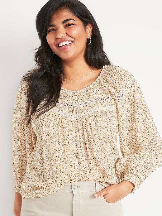 Image number 5 showing, Long-Sleeve Lace-Trimmed Floral-Print Blouse