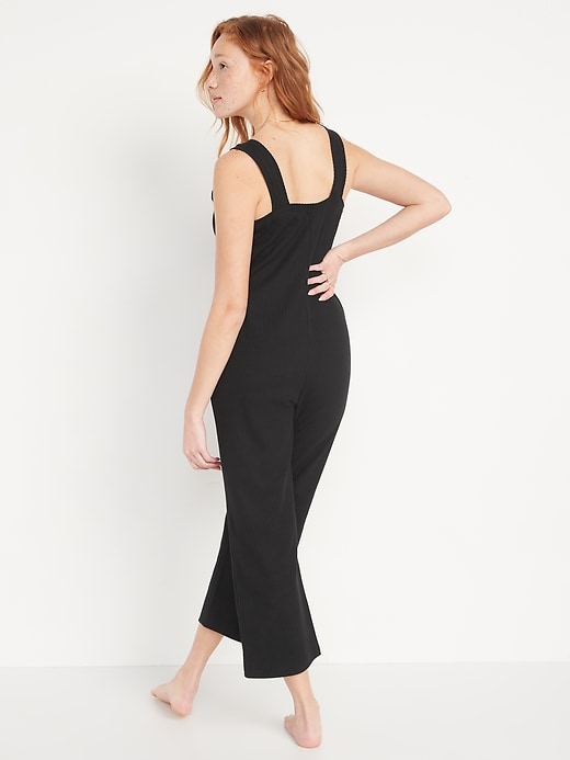 Sleeveless Cropped Rib-Knit Henley Lounge Jumpsuit for Women