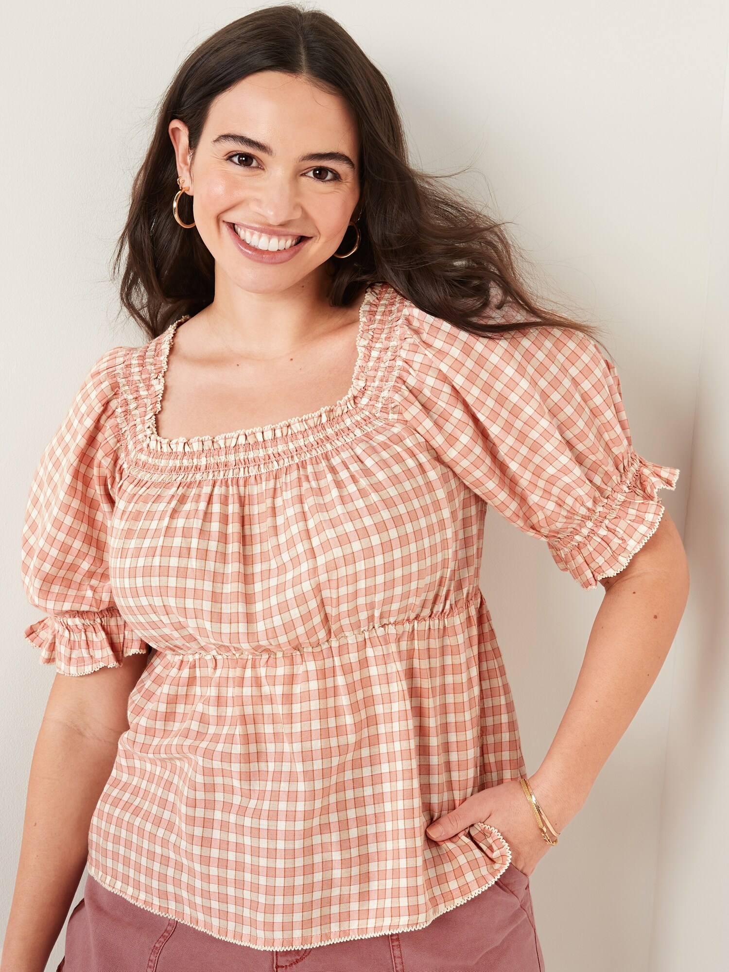 Smocked Plaid PuffSleeve Babydoll Top Old Navy