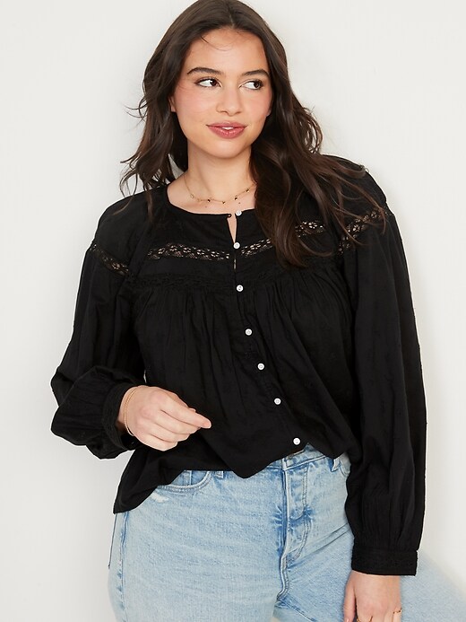 Image number 5 showing, Long-Sleeve Embroidered Lace-Trimmed Blouse for Women
