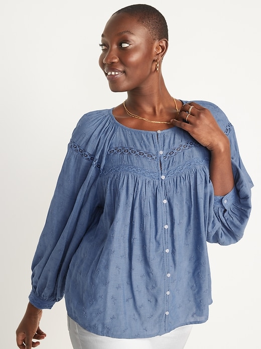 Image number 5 showing, Long-Sleeve Lace-Trimmed Embroidered Chambray Blouse