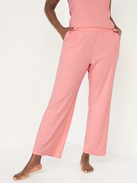 Image number 5 showing, High-Waisted Rib-Knit Wide-Leg Lounge Pants