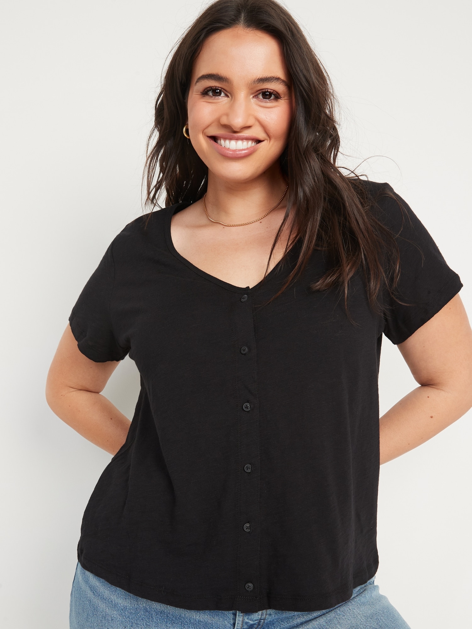 Slub-Knit V-Neck Button-Front Top for Women | Old Navy