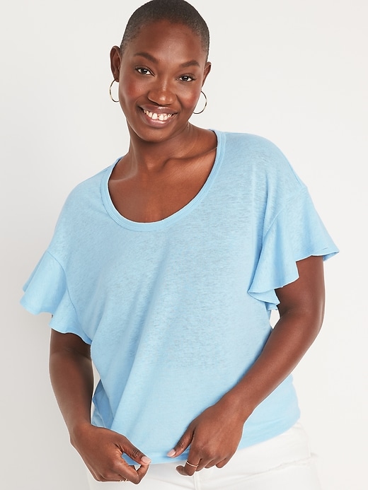 Image number 5 showing, Flutter-Sleeve Scoop-Neck Linen-Jersey Easy T-Shirt