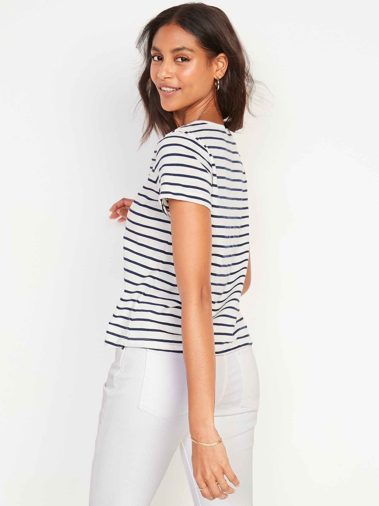 Striped Slub-Knit V-Neck Button-Front Top for Women | Old Navy