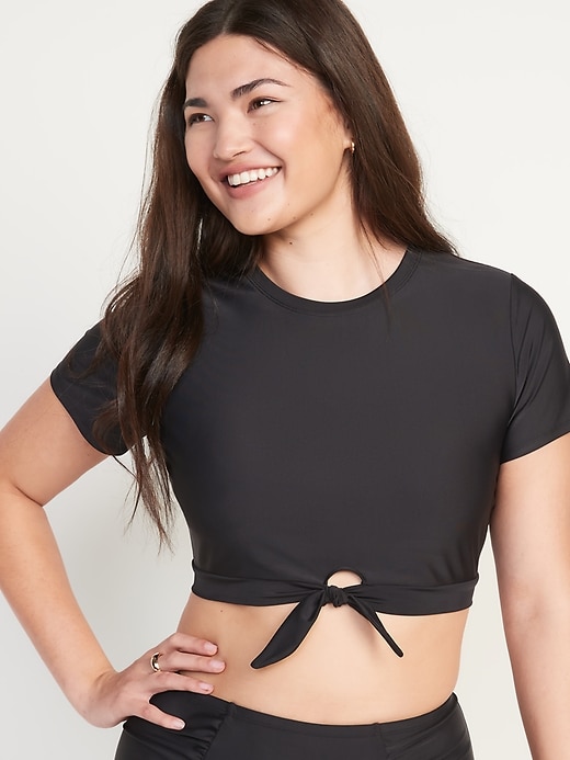 Image number 5 showing, Short-Sleeve Cropped Tie-Front Rashguard Swim Top