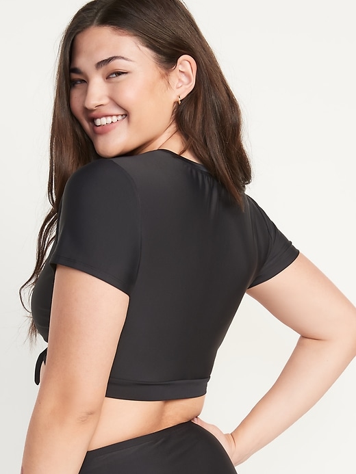 Image number 6 showing, Short-Sleeve Cropped Tie-Front Rashguard Swim Top