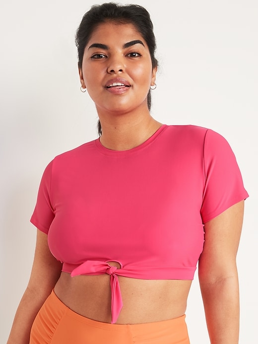 Short-Sleeve Cropped Tie-Front Rashguard Swim Top