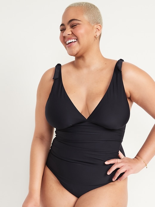 Image number 5 showing, Tie-Shoulder Ruched Plunge One-Piece Swimsuit