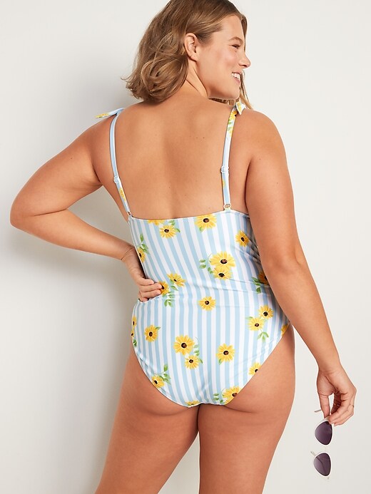 Image number 6 showing, Tie-Shoulder Ruched Plunge One-Piece Swimsuit