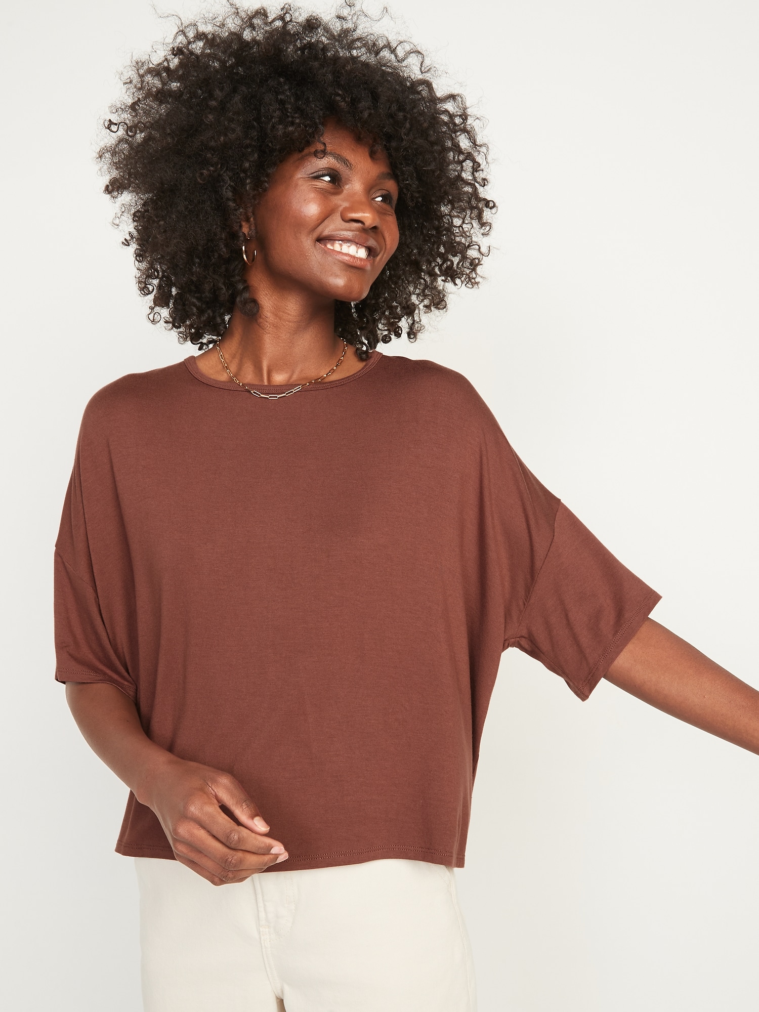 Old Navy Short-Sleeve Luxe Oversized Cropped T-Shirt for Women brown. 1