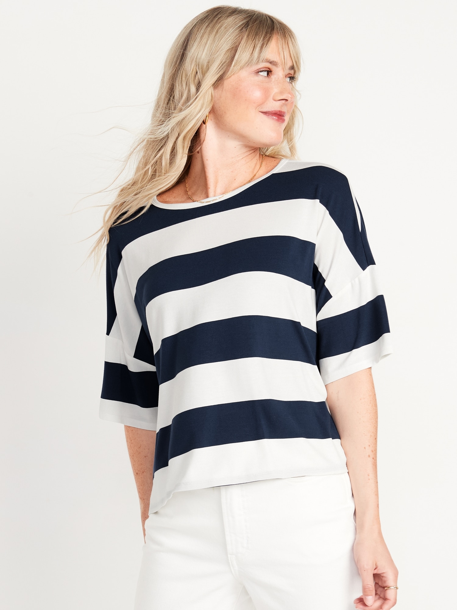 Old Navy Luxe Oversized Striped Cropped T-Shirt for Women blue. 1