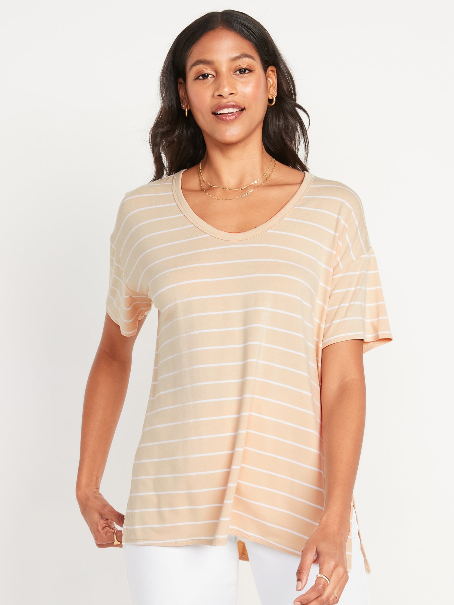 Old Navy Short-Sleeve Luxe Oversized Scoop-Neck Striped Tunic T-Shirt for Women beige. 1