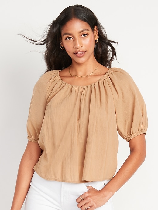Image number 1 showing, Puff-Sleeve Cutout Tie-Back Swing Blouse for Women