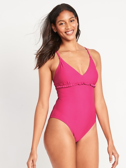 Old Navy Women's V-Neck Ruffle-Trim Cutout One-Piece Swimsuit (various sizes in raspberry tart)