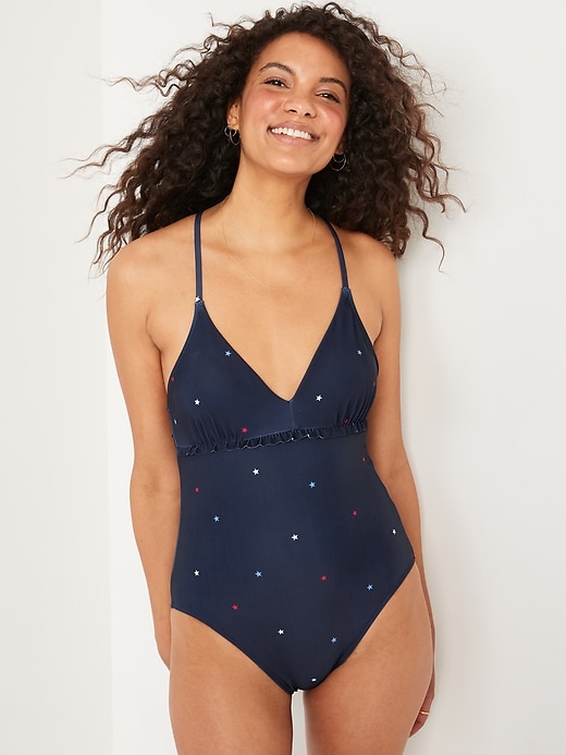 Old Navy V-Neck Ruffle-Trim Cutout One-Piece Swimsuit for Women. 1