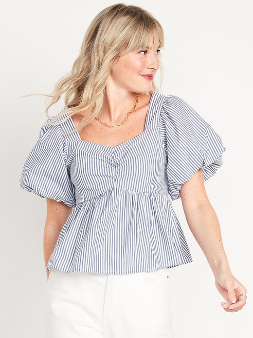 Image number 1 showing, Puff-Sleeve Striped Ruched Smocked Babydoll Swing Blouse for Women