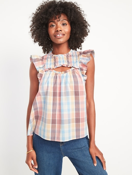 Image number 1 showing, Flutter-Sleeve Plaid Smocked Cutout Swing Blouse for Women