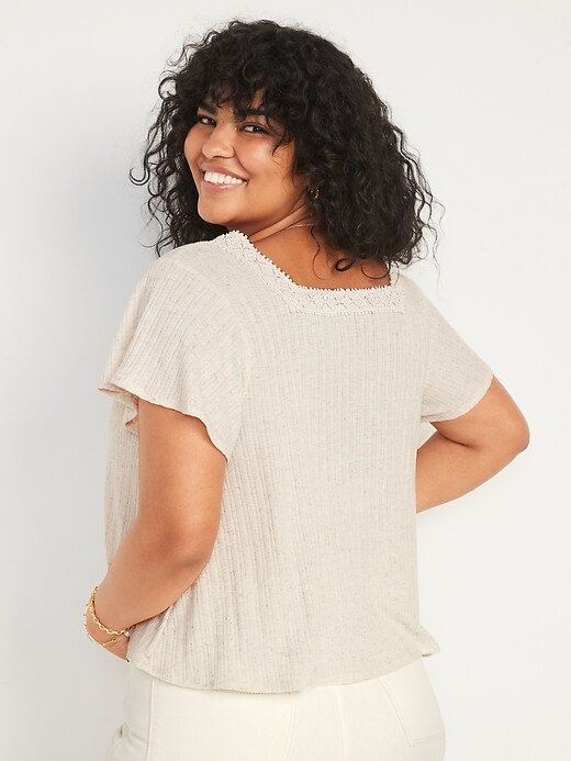 Image number 6 showing, Flutter-Sleeve Crochet Lace-Trimmed Pointelle-Knit Swing Blouse for Women