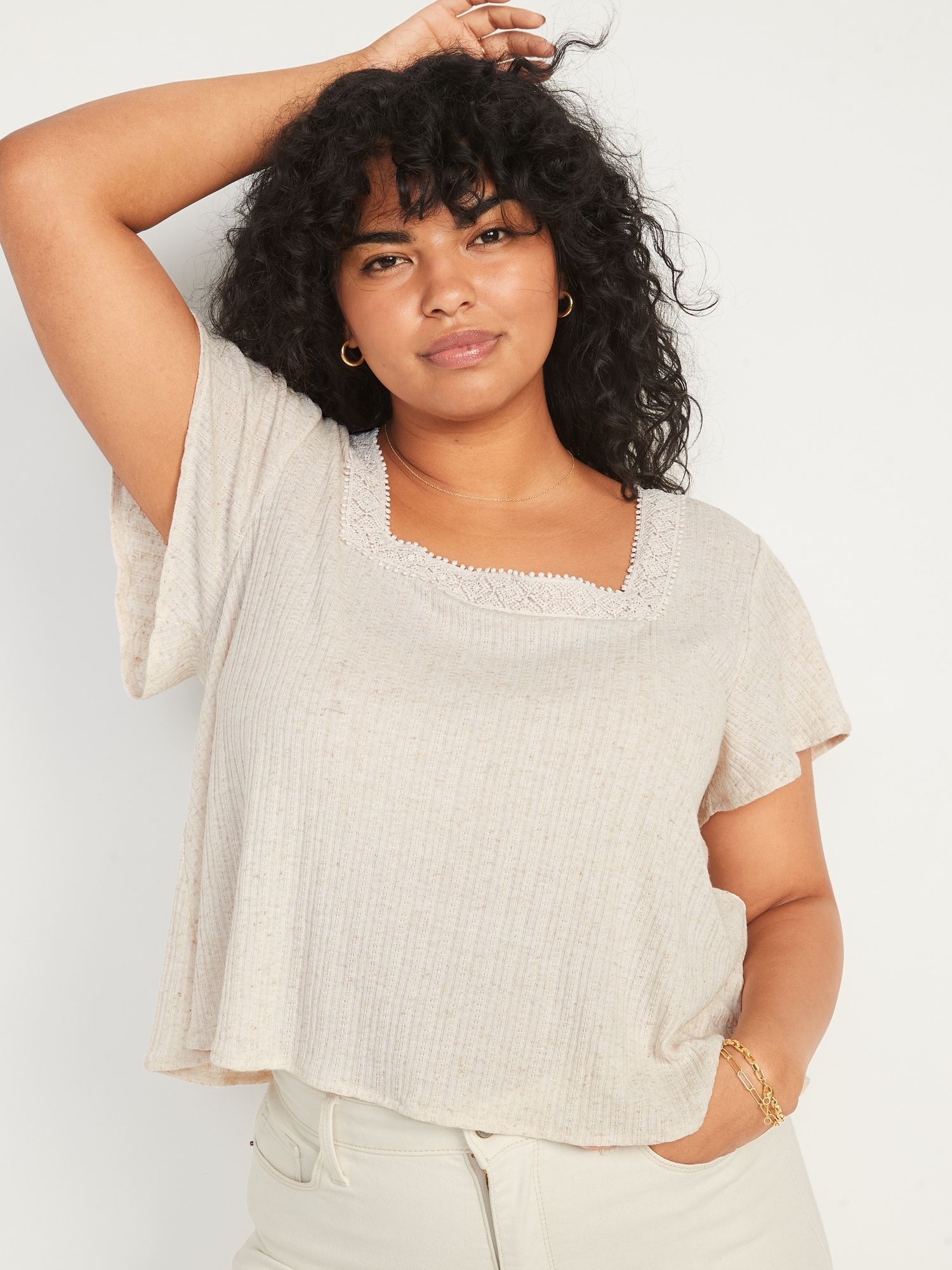 Lace-trimmed Pointelle Tank Top - White - Ladies
