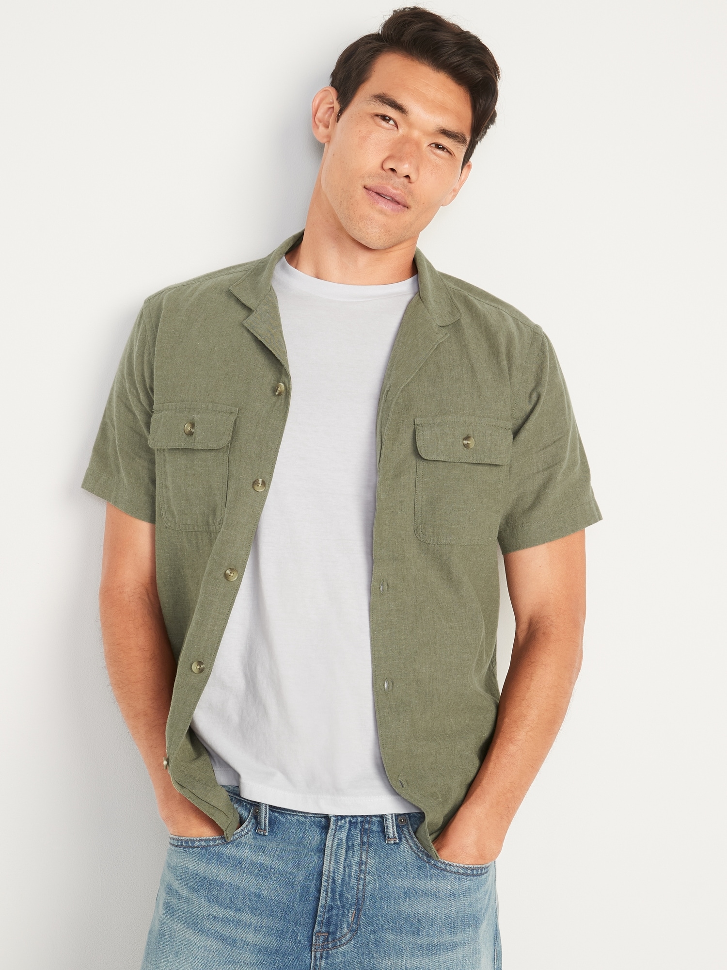 Linen-Blend Utility-Pocket Short-Sleeve Shirt for Men | Old Navy