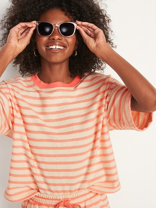 View large product image 1 of 3. Oversized Striped Cali-Fleece Elbow-Sleeve Sweatshirt for Women
