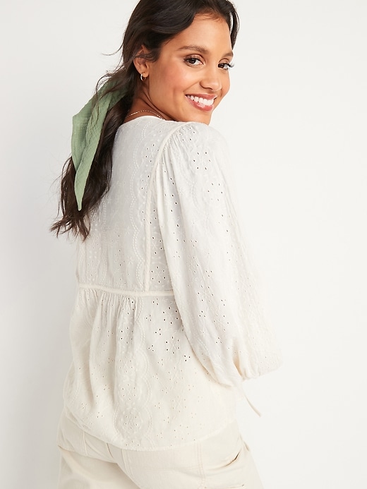 Image number 2 showing, Oversized Embroidered Cutwork Tie-Neck Blouse for Women