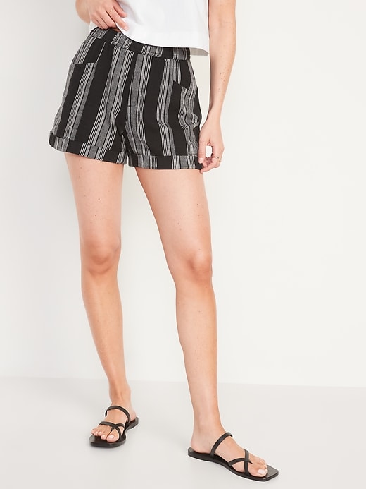 Image number 1 showing, High-Waisted Railroad-Stripe Linen-Blend Shorts -- 3.5-inch inseam