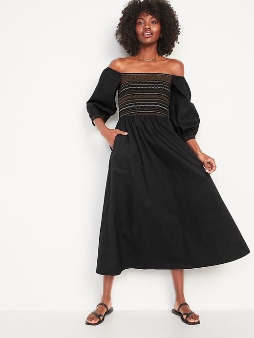Image number 1 showing, Fit & Flare Off-the-Shoulder Cotton-Poplin Smocked Maxi Dress for Women