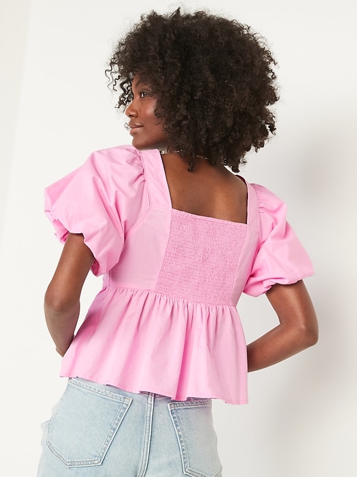 Image number 2 showing, Puff-Sleeve Ruched Smocked Babydoll Swing Blouse for Women