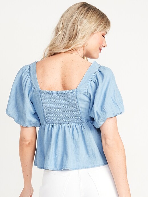 Image number 2 showing, Chambray Puff-Sleeve Waist-Defined Top for Women