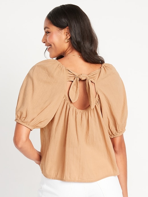 Image number 2 showing, Puff-Sleeve Cutout Tie-Back Swing Blouse for Women