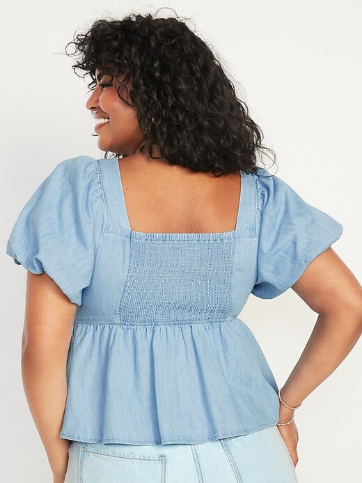 Image number 6 showing, Chambray Puff-Sleeve Waist-Defined Top for Women