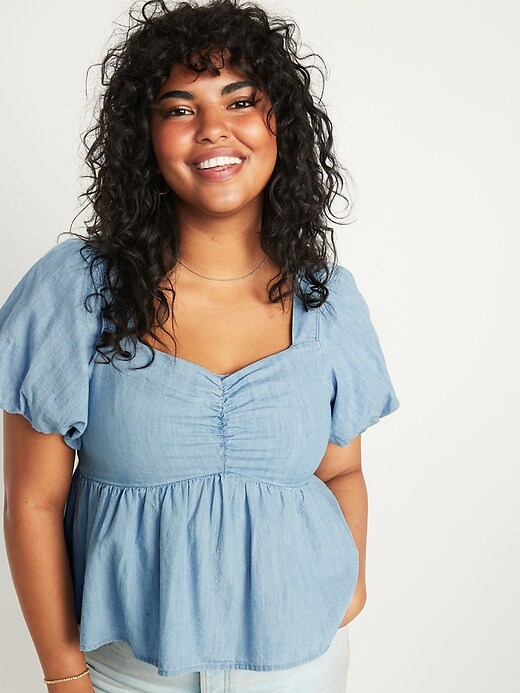 Image number 5 showing, Chambray Puff-Sleeve Waist-Defined Top for Women