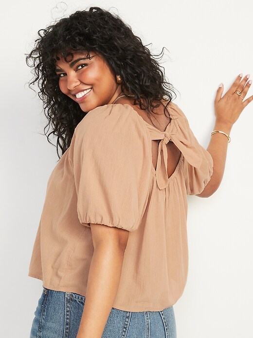 Image number 6 showing, Puff-Sleeve Cutout Tie-Back Swing Blouse