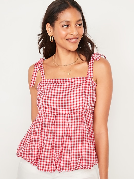 Image number 1 showing, Sleeveless Tie-Shoulder Gingham Babydoll Top for Women