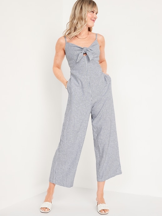 Old Navy - Striped Smocked Cropped Knotted Linen-Blend Cami Jumpsuit ...