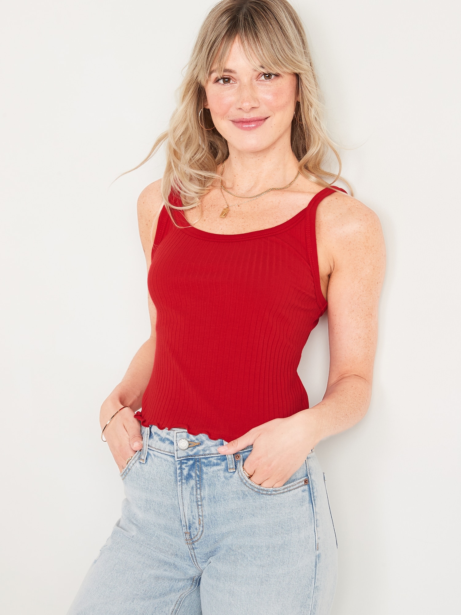 Old Navy Fitted Cropped Lettuce-Edge Rib-Knit Tank Top for Women red. 1