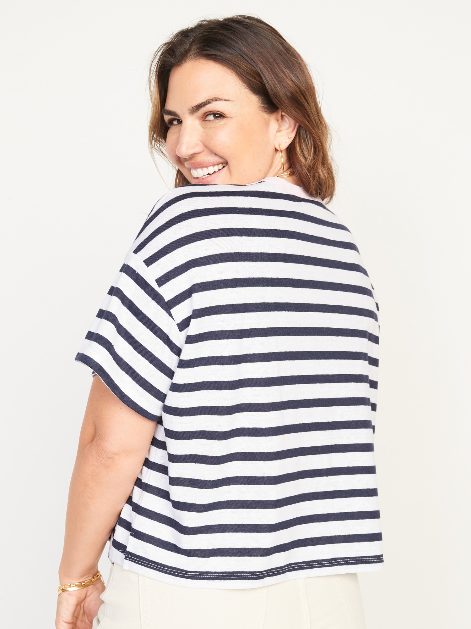 ShortSleeve Oversized Cropped Striped LinenBlend TShirt for Women Old Navy