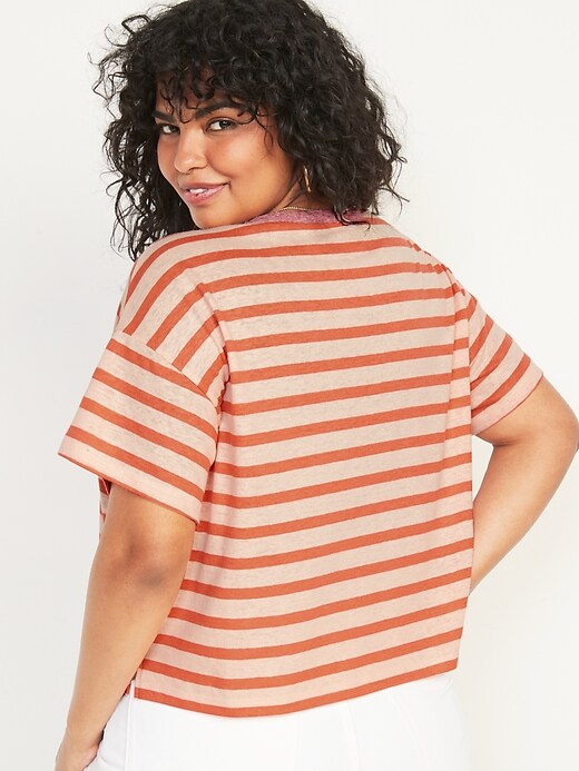 Image number 6 showing, Short-Sleeve Oversized Cropped Striped Linen-Blend T-Shirt for Women