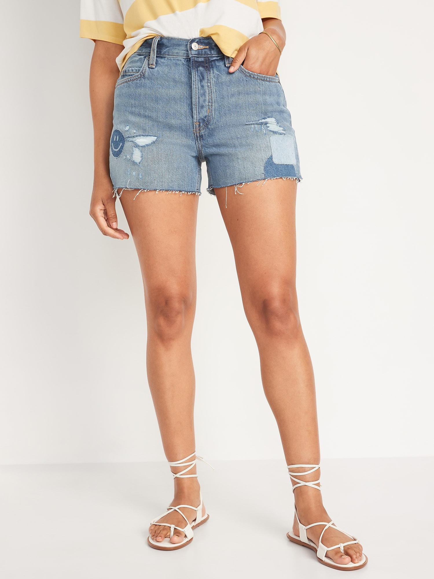 High-Waisted Button-Fly Slouchy Straight Patchwork Cut-Off Non-Stretch Jean  Shorts for Women -- 3-inch inseam