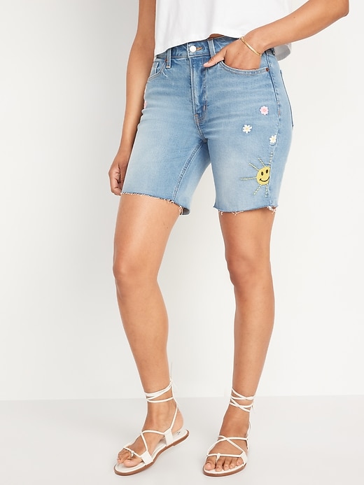 Image number 1 showing, High-Waisted O.G. Straight Embroidered Cut-Off Jean Shorts -- 7-inch inseam
