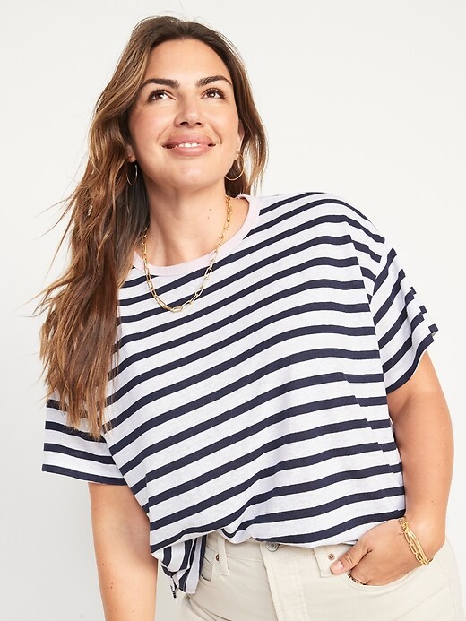 Image number 5 showing, Short-Sleeve Oversized Cropped Striped Linen-Blend T-Shirt for Women