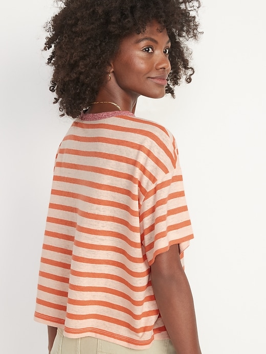 Image number 2 showing, Short-Sleeve Oversized Cropped Striped Linen-Blend T-Shirt for Women