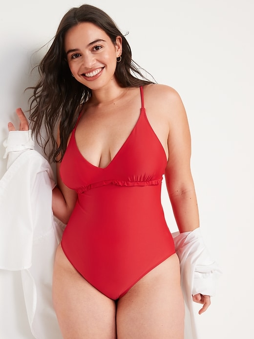 Image number 5 showing, V-Neck Ruffle-Trim Cutout One-Piece Swimsuit