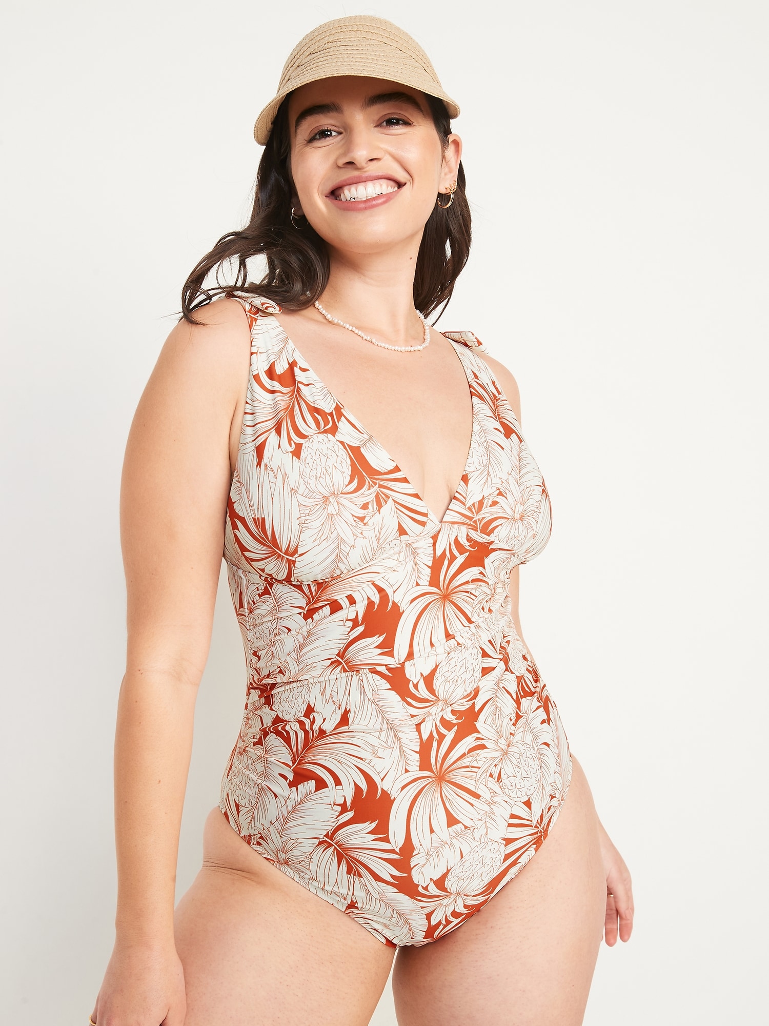 Tie-Shoulder Ruched Plunge One-Piece Swimsuit for Women | Old Navy